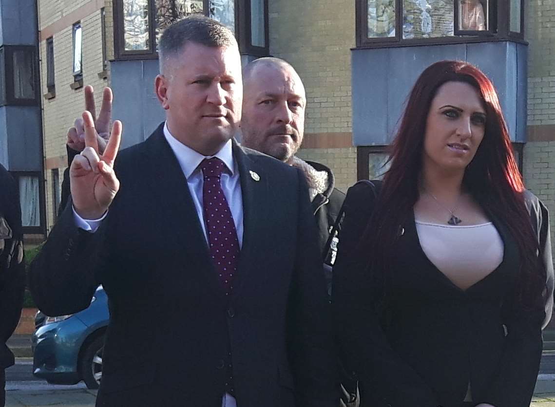 Paul Golding (left) and Jayda Fransen outside court