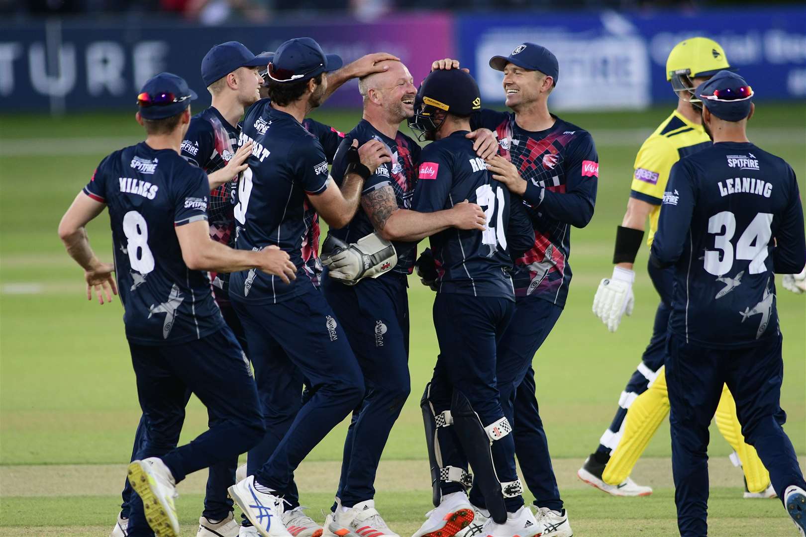 Kent's Darren Stevens celebrates taking his 100th T20 wicket with his opening ball against Hampshire Hawks. Picture: Barry Goodwin