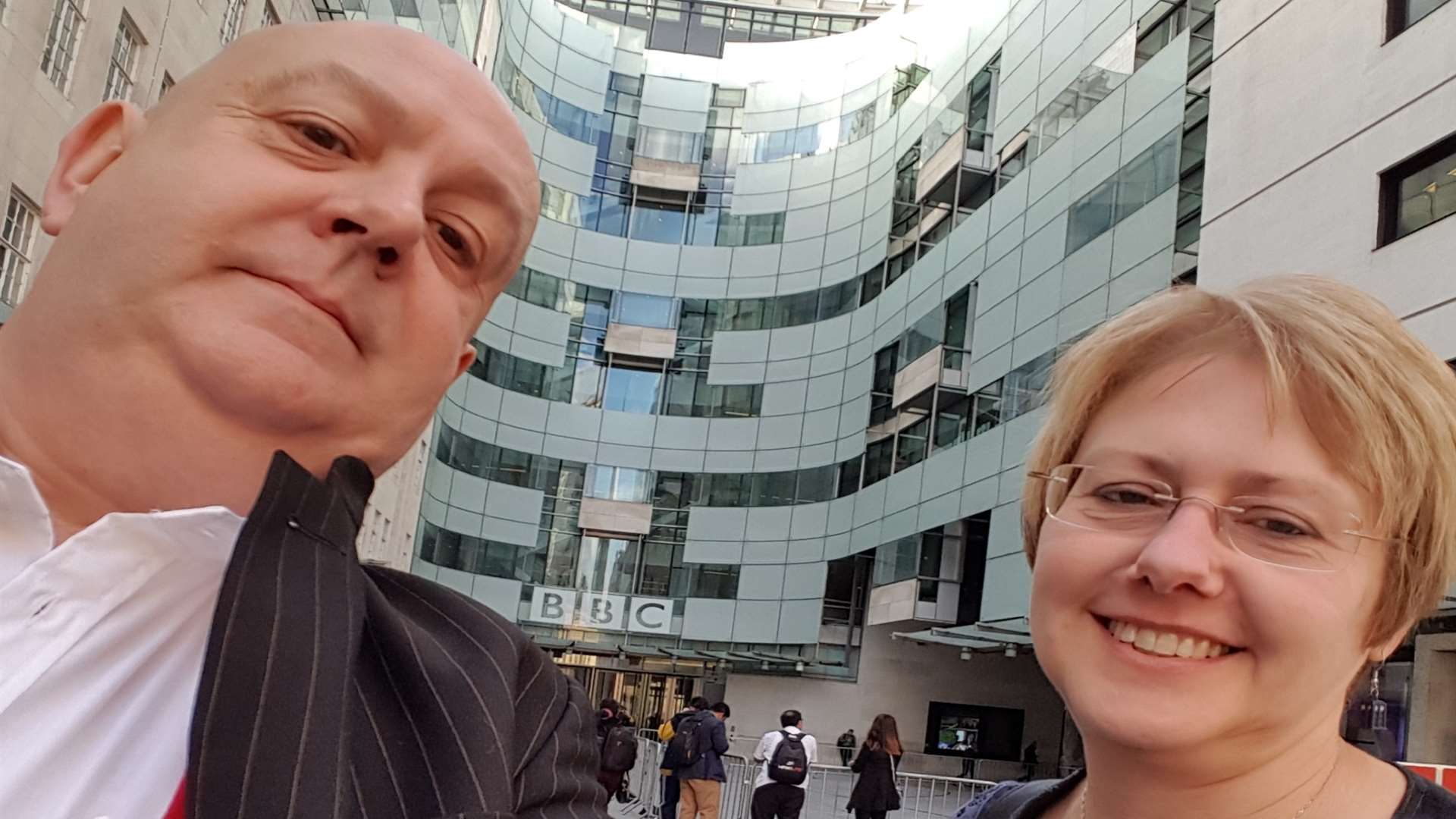 Doctor Who superfans Paul and Jane Seymour appeared on The One Show. The couple outside BBC HQ.