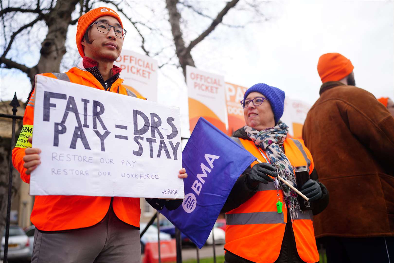 Junior doctors and members of the British Medical Association (BMA) on the picket line outside Cheltenham General Hospital during their continuing dispute over pay (Ben Birchall/PA)