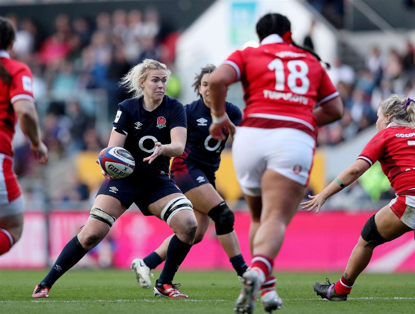 Rosie Galligan offloads the ball against Wales during England’s Women's Six Nations match in March. Picture: RFU/England Rugby