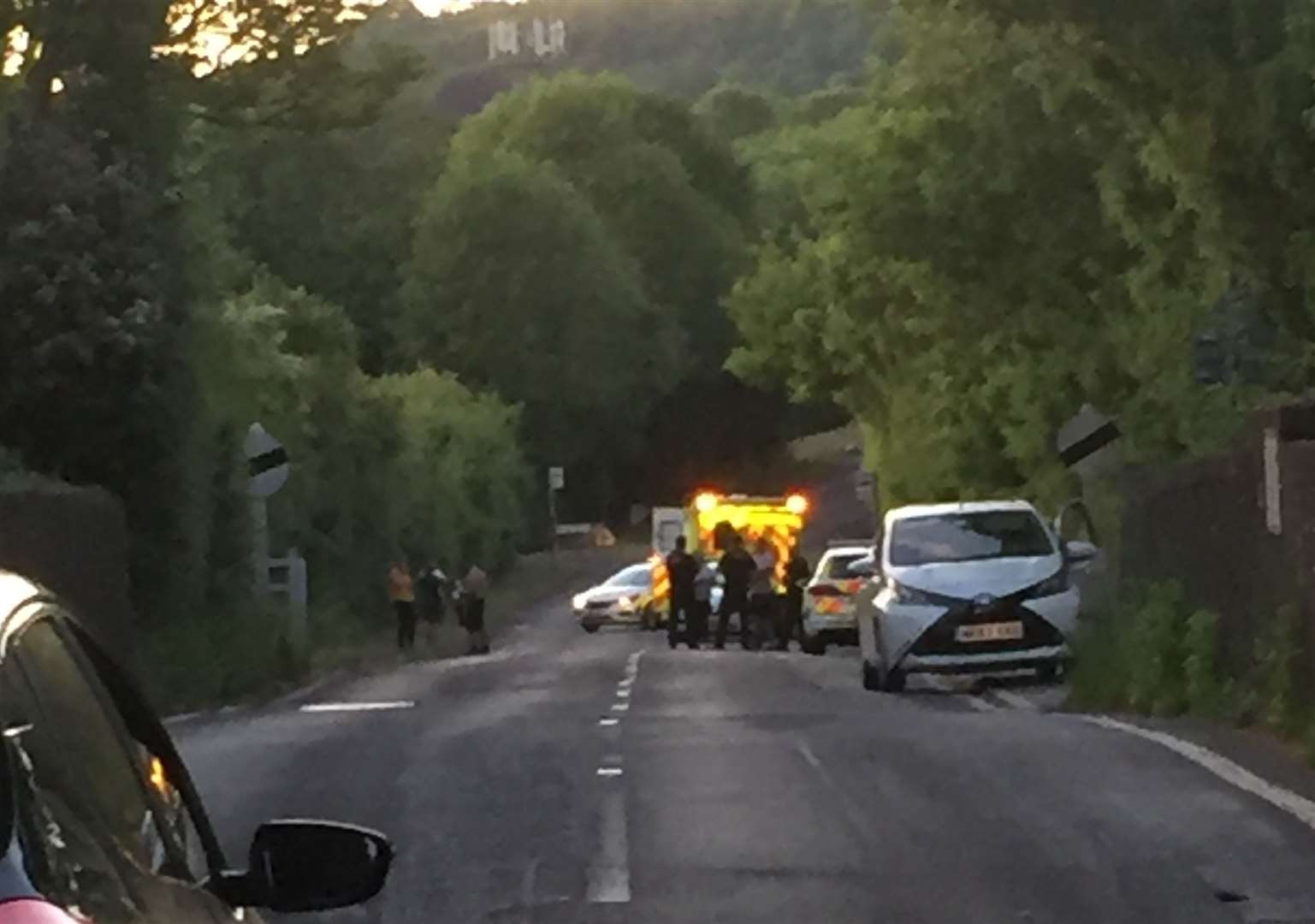 Police and ambulance crews in Childsbridge Lane between Kemsing and Seal, near Sevenoaks