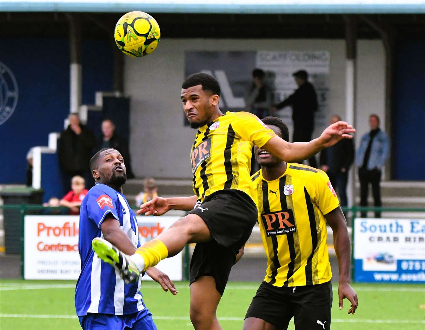 Mamadou Diallo, of Sheppey, beats Herne Bay striker Mike Salako to the ball in the air. Picture: Marc Richards