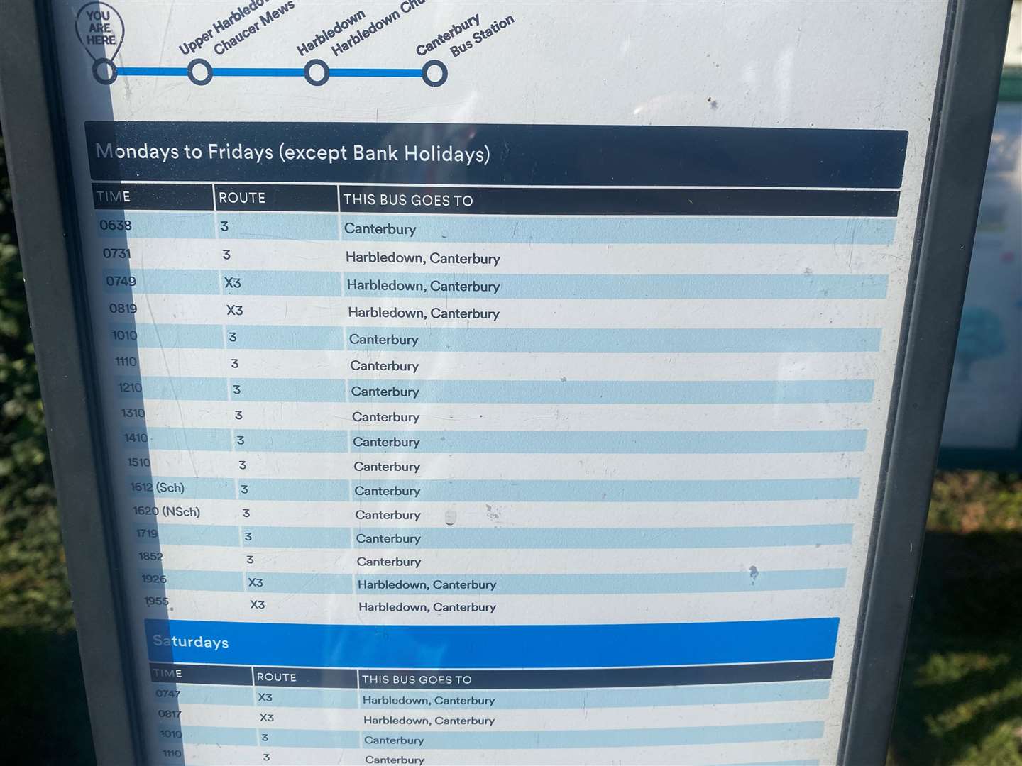 The X3 bus timetable from Dunkirk to Canterbury