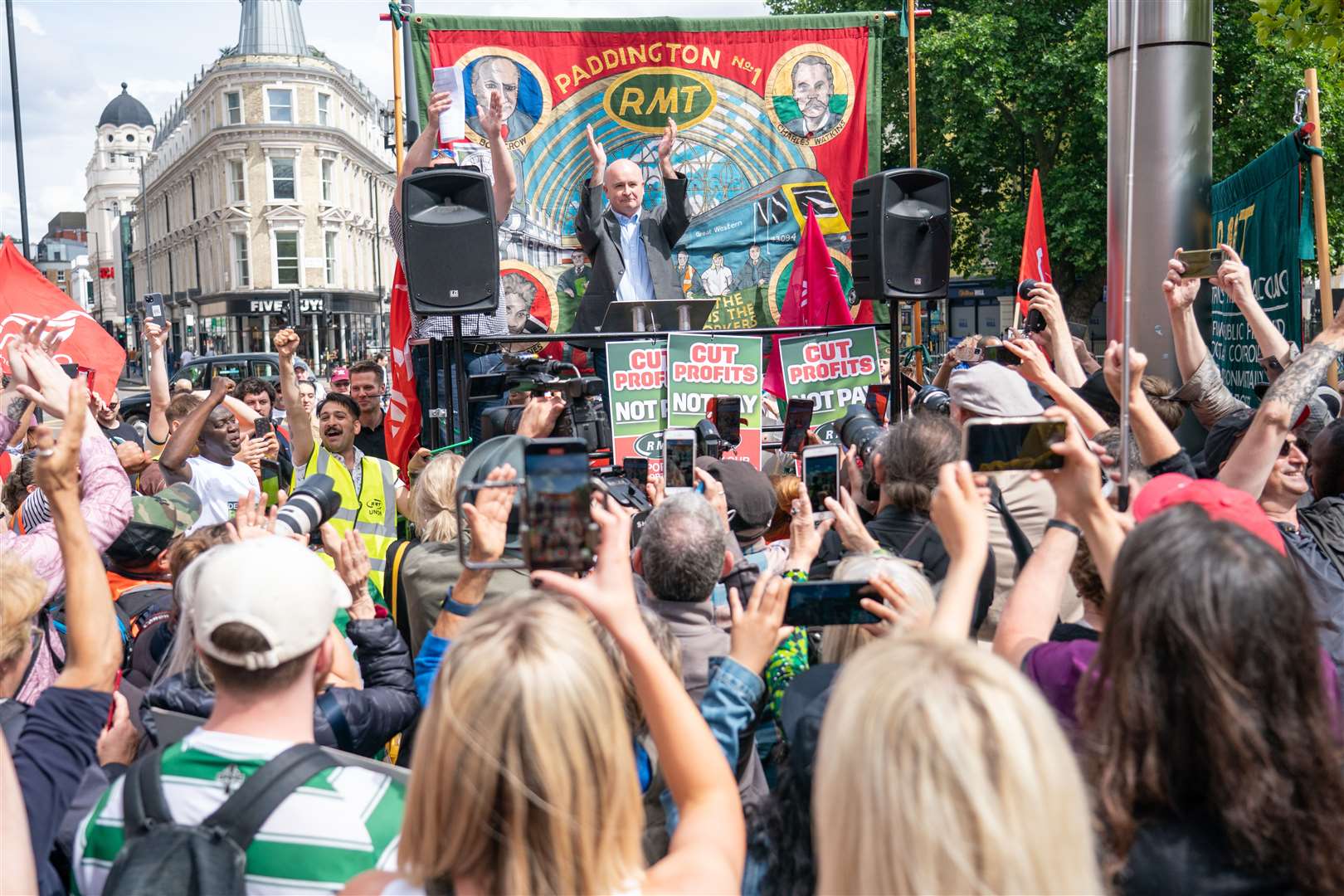 RMT general secretary Mick Lynch speaks at a rally outside Kings Cross station (Dominic Lipinski/PA)