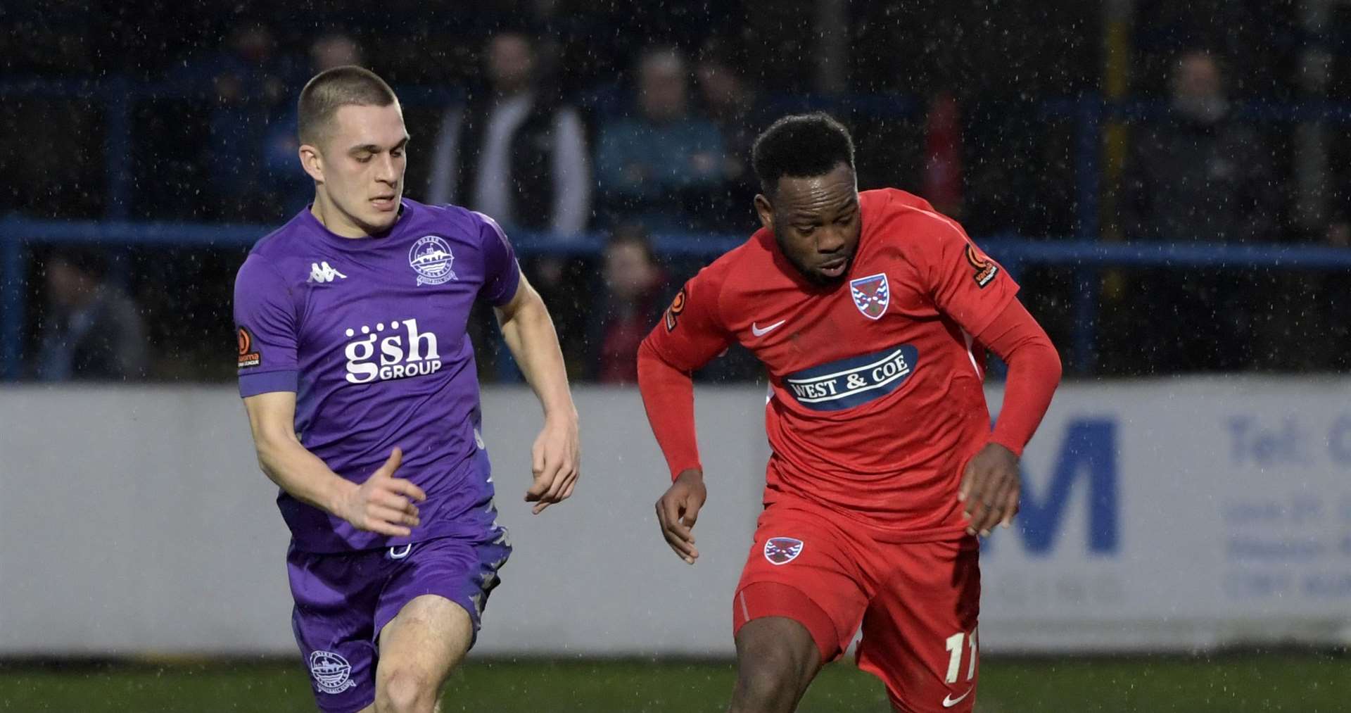 Striker Noah Carney, left, scored his first senior home goal for Dover in the win. Picture: Barry Goodwin