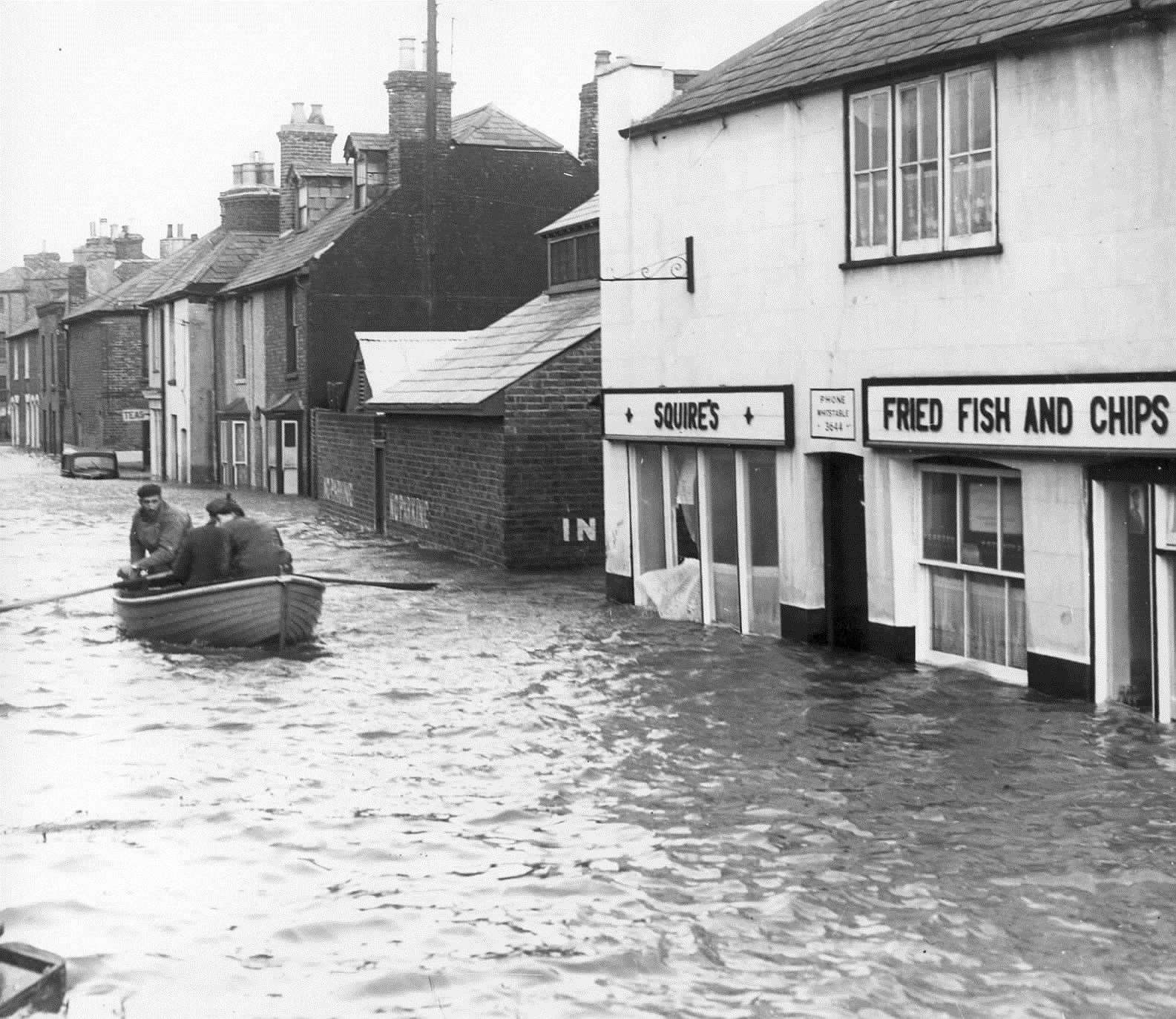 Into the streets of Whitstable the flood water poured with a suddenness that caught the residents unawares and they had to be rescued