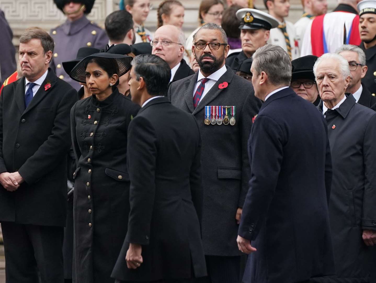 James Cleverly wore his medals and Royal Artillery tie at the Remembrance Sunday service at the Cenotaph (Yui Mok/PA)