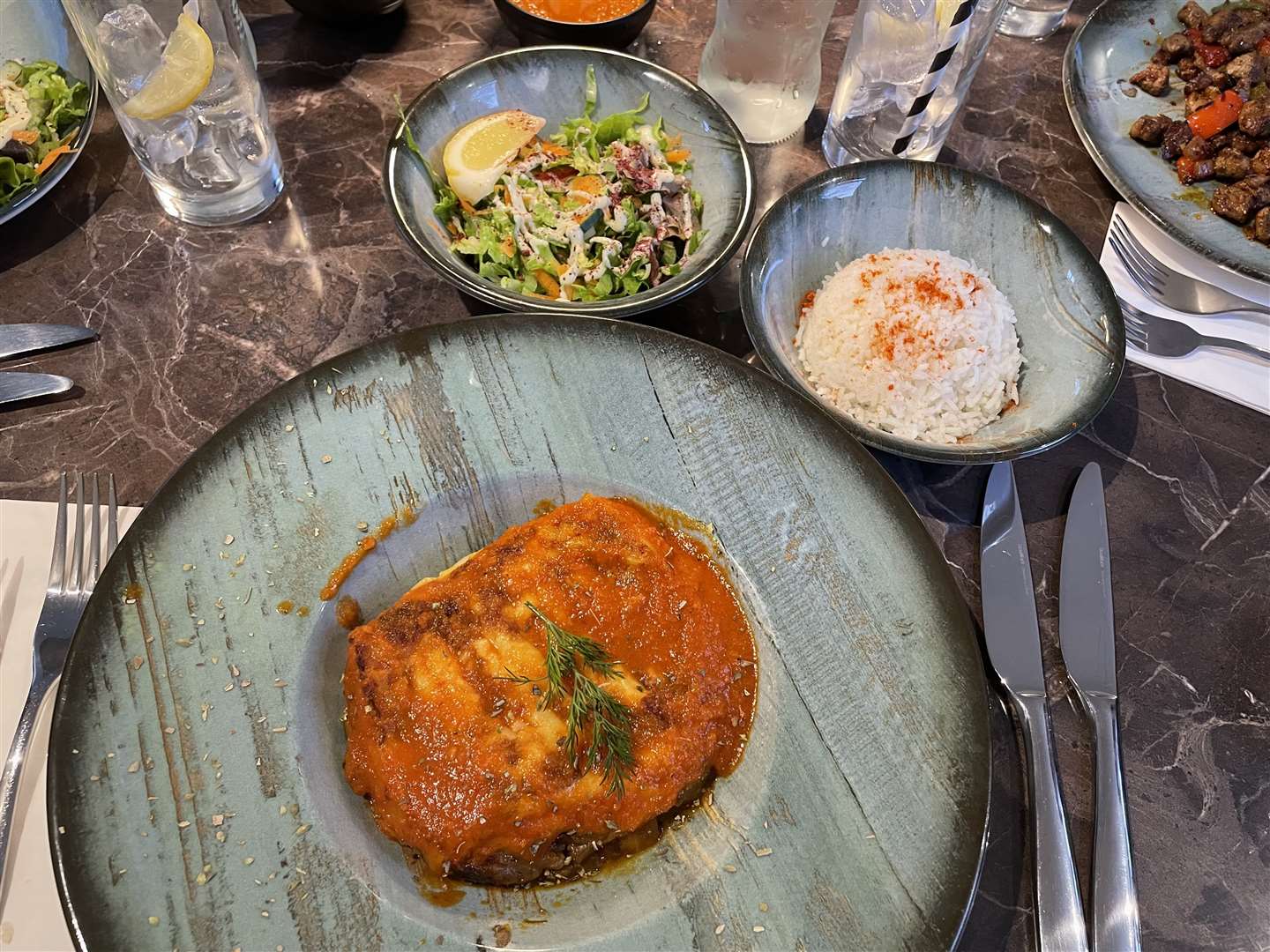 The vegetarian musakka came with salad and rice