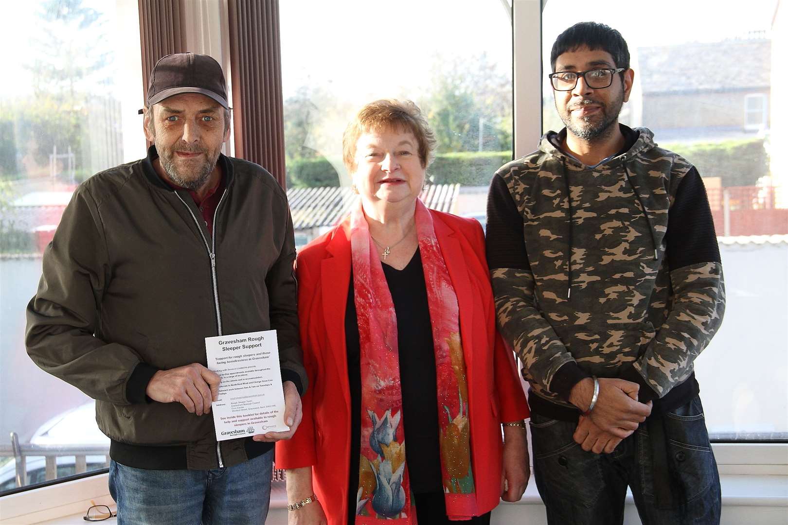 Cllr Jenny Wallace welcomes the first guests, Alan and Jaz, to the new supported accommodation in Wrotham Road, Gravesend. Photo: Gravesham council