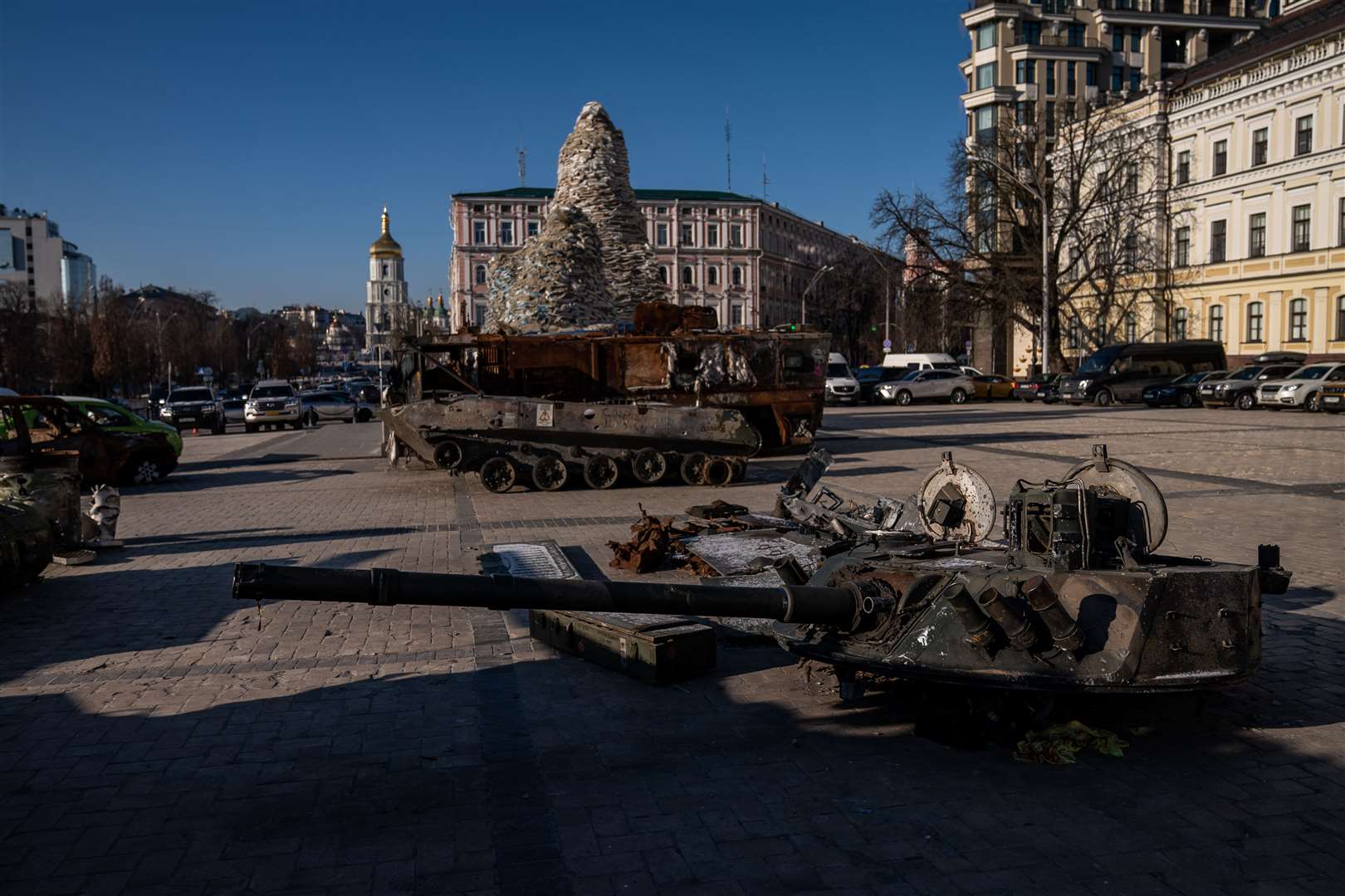 Destroyed Russian military equipment at an open air exhibition in Mykhailivska Square in Kyiv (Aaron Chown/PA)