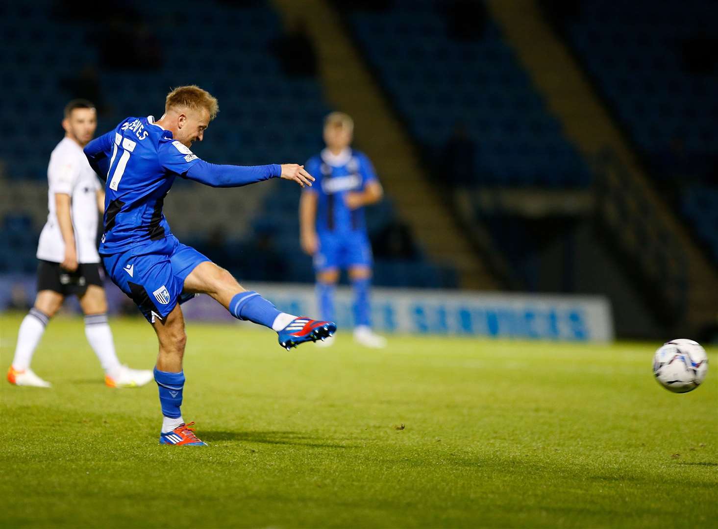 Ben Reeves has a pop at goal for Gillingham but couldn't beat Tomas Holy Picture: Andy Jones
