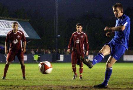 Carl Rook scores from the penalty spot for Tonbridge. Picture: David Couldridge