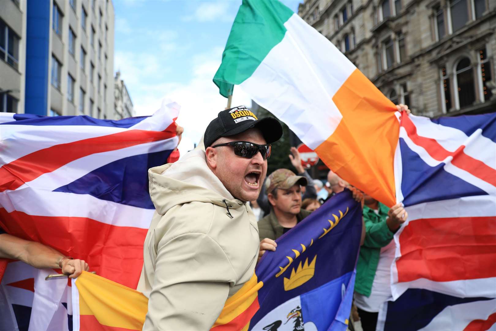 Tempers flared during the protest outside Belfast City Hall (Peter Morrison/PA)