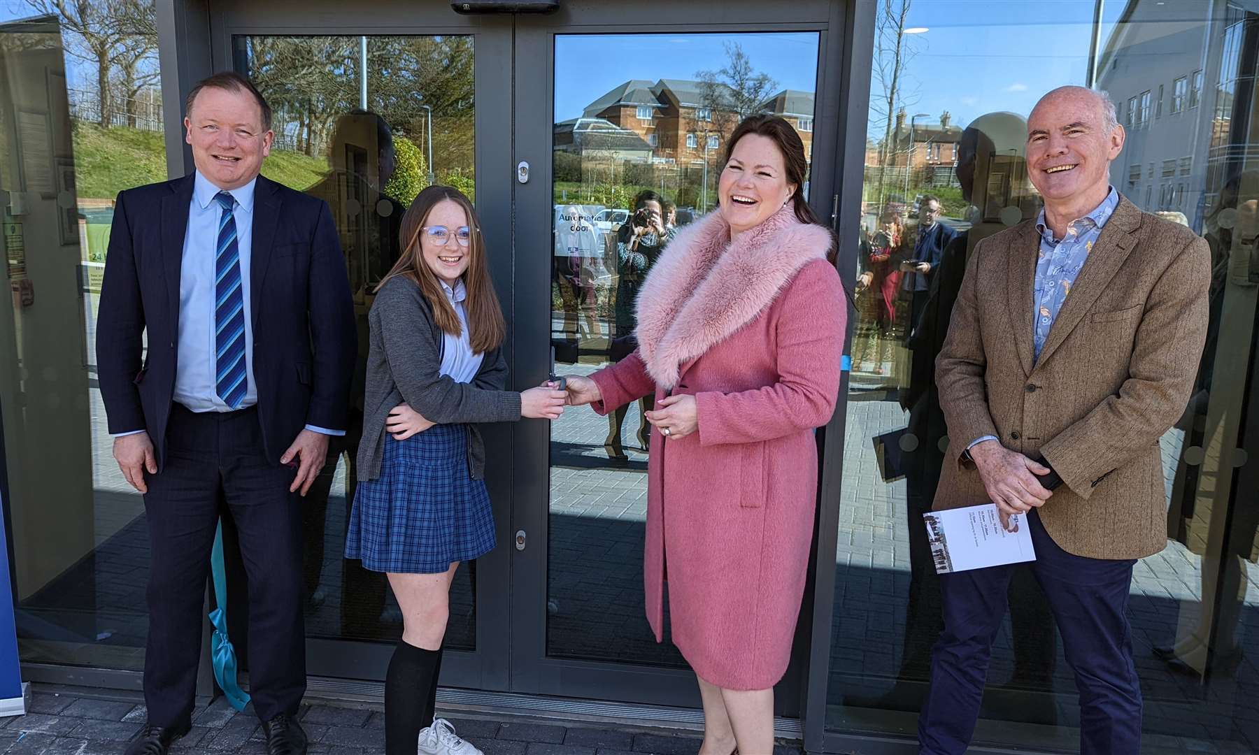 From left, Damian Collins MP, pupil Gracie Simmons, Dr Jo Saxton, and Mike Buchanan, chair of trustees at Turner Schools