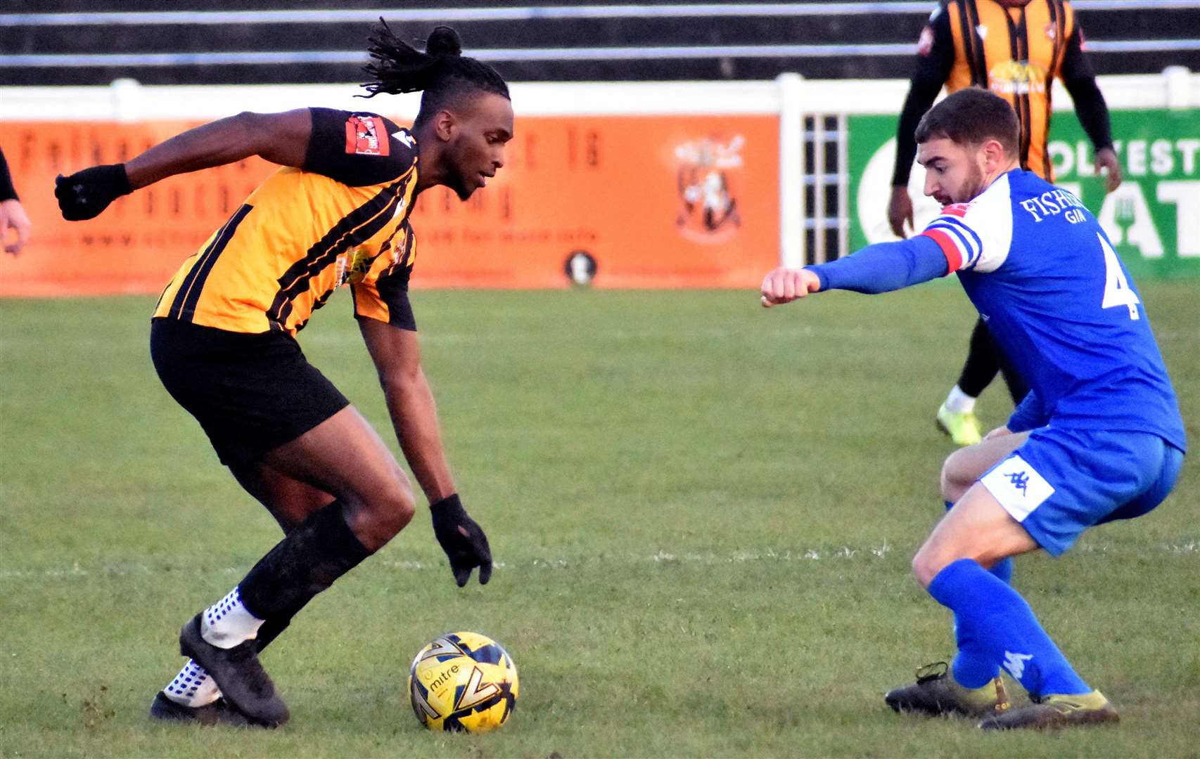 Striker Ibrahim Olutade on the ball in Folkestone's FA Trophy shoot-out loss to Leiston. Picture: Randolph File