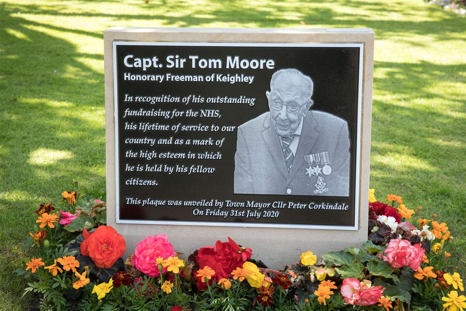 A plaque unveiled in honour of Captain Sir Tom Moore (Keighley Town Council/Bob Smith/PA)