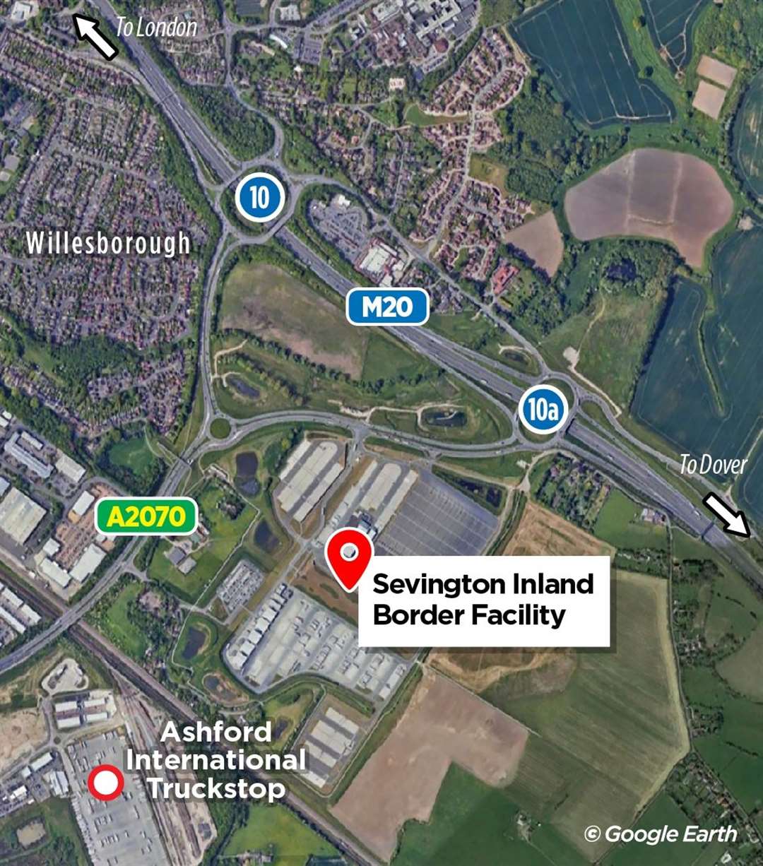 Sevington Inland Border Facility opened in 2020 next to Junction 10a of the M20