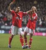 ON THE UP: Jerome Thomas celebrates his opening goal with Paul Konchesky. Picture: MATT WALKER