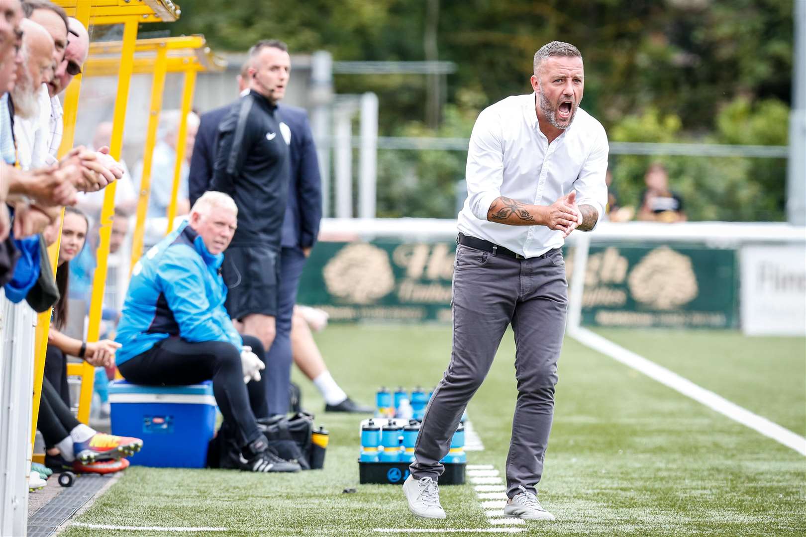 Maidstone boss Jay Saunders gets his side going against Barrow Picture: Matthew Walker