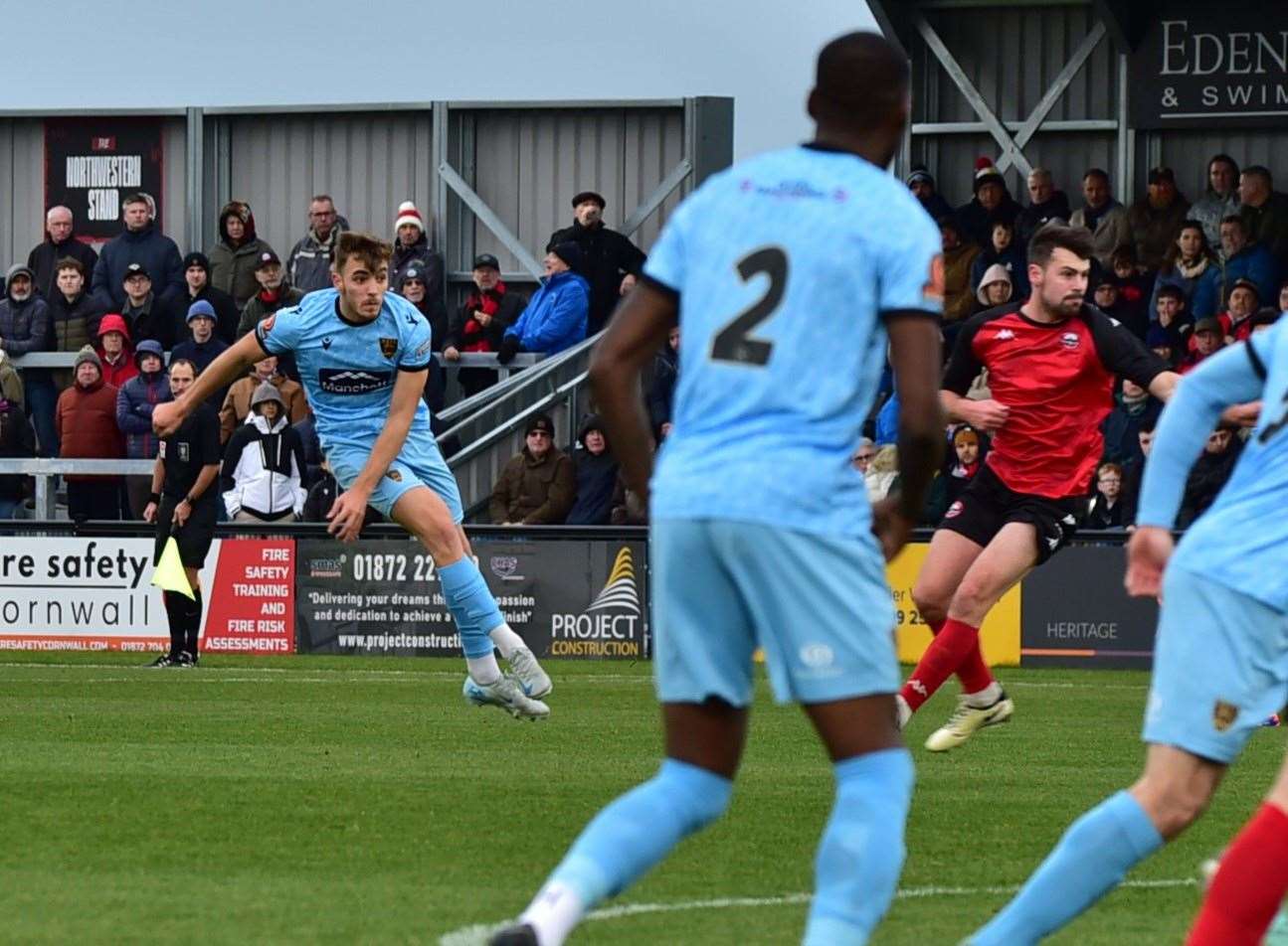 Maidstone United midfielder Antony Papadopoulos fires home from distance at Truro. Picture: Steve Terrell