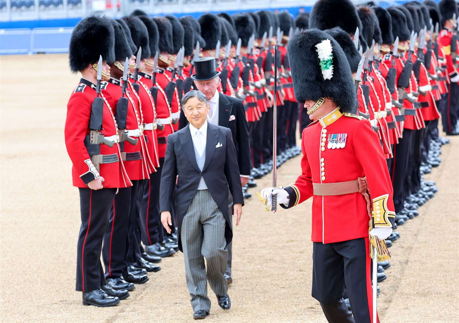 The King and Emperor Naruhito of Japan inspect the guard of honour formed of the 1st Battalion Welsh Guards in June (Chris Jackson/PA)