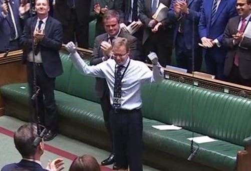 Former South Thanet MP Craig Mackinlay returned to the House of Commons for the first time on May 22 after his eight-month rehabilitation and devastating sepsis battle which saw him lose both his arms and legs. Picture: BBC Parliament