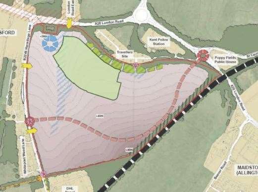 The light green patch shows how Phase 3 fits into the overall Barratt David Wilson Poppies development. The plan also shows the route of the link road between London Road and Hermitage Lane