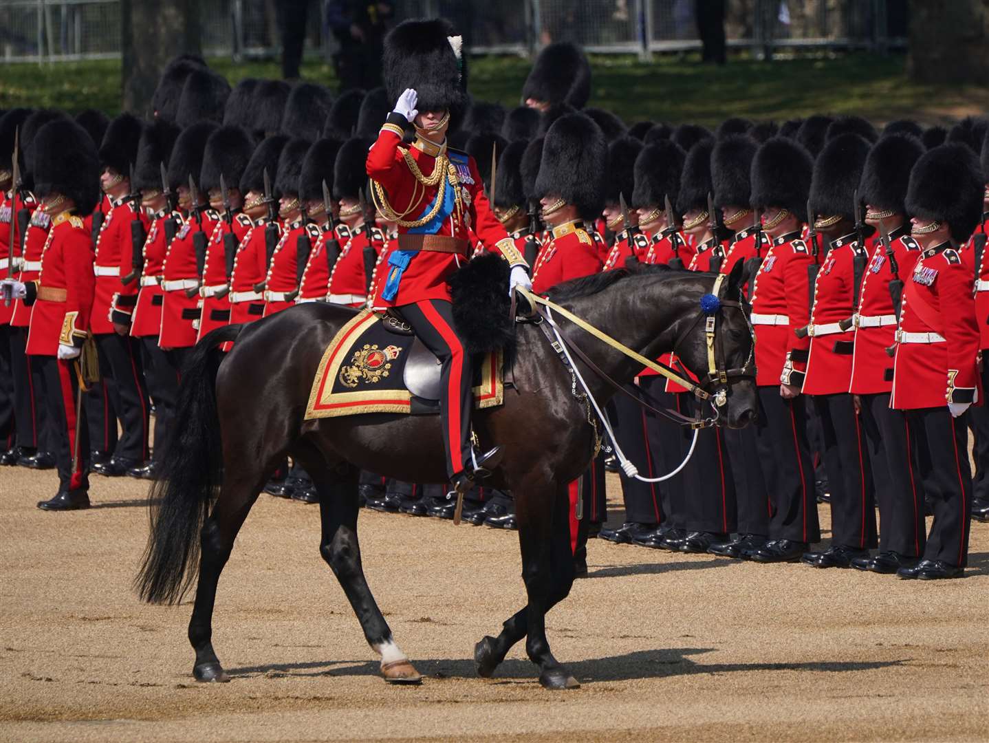 The Prince of Wales salutes during the Colonel’s Review ceremony, a major dress rehearsal for Trooping, Jonathan Brady/PA