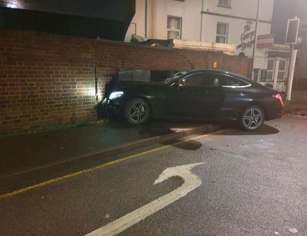 The vehicle crashed into the wall next to the George and Dragon Pub in Swanscombe. Photo: Kent Police (26140386)