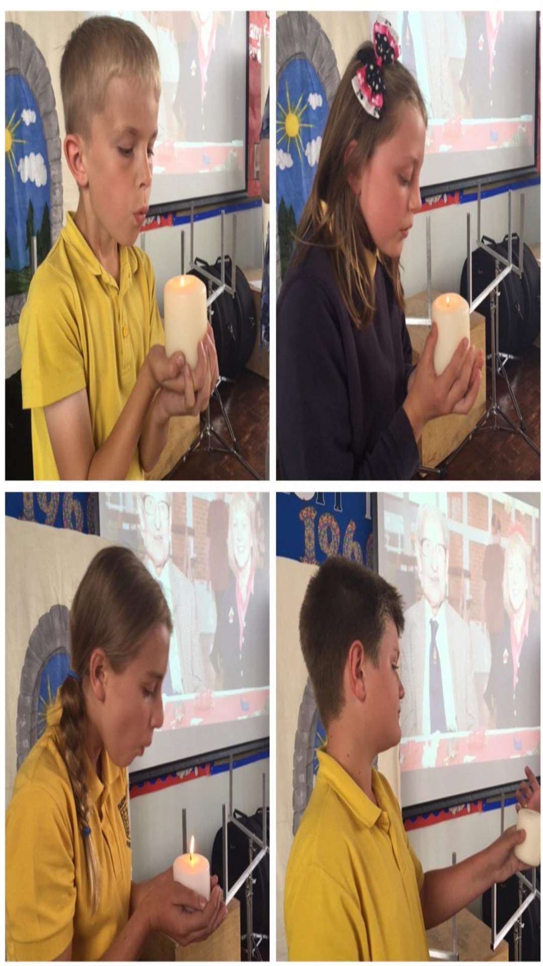 Edward Wadhams, Eleanor Rixson, Katherine Sharp and Charley Hall from Sandwich Junior School dedicate candles to Bill Chesterfield