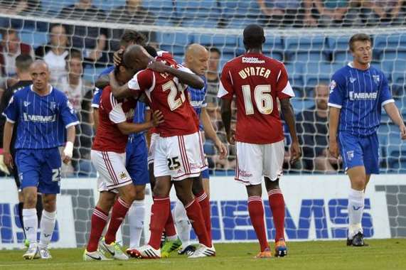 Bristol City celebrate Sam Baldock's opener at Priestfield in last season's Capital One Cup. Picture: Barry Goodwin