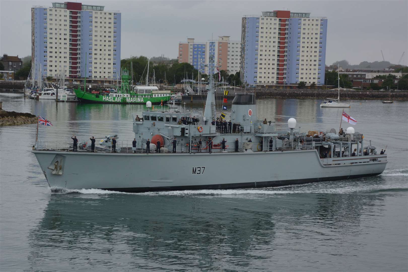 Minehunter HMS Chiddingfold sails from Portsmouth Naval Base for a three-year deployment to the Gulf (Ben Mitchell/PA)