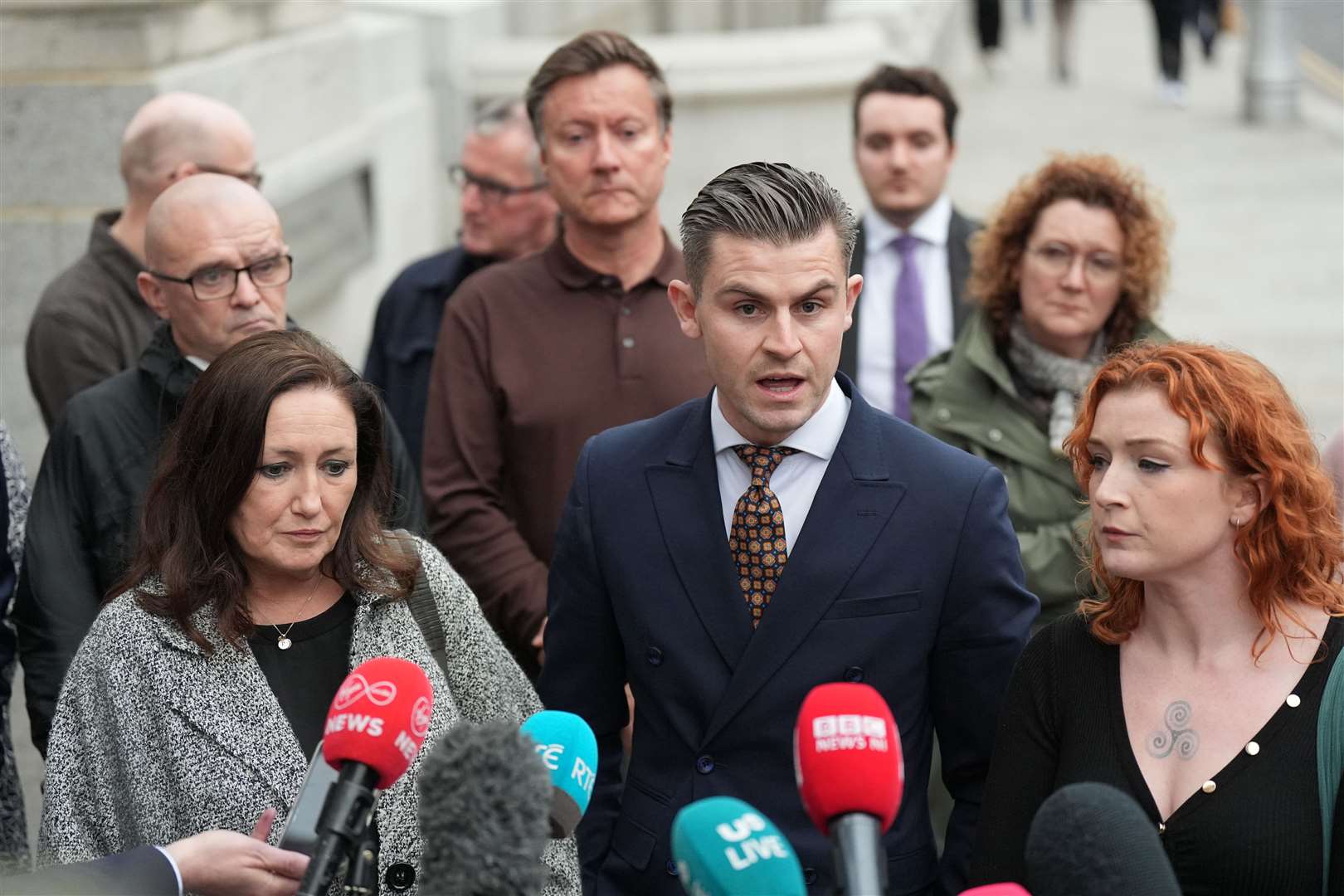 Solicitor Darragh Makin speaking to the media following the meeting with ministers (Niall Carson/PA)