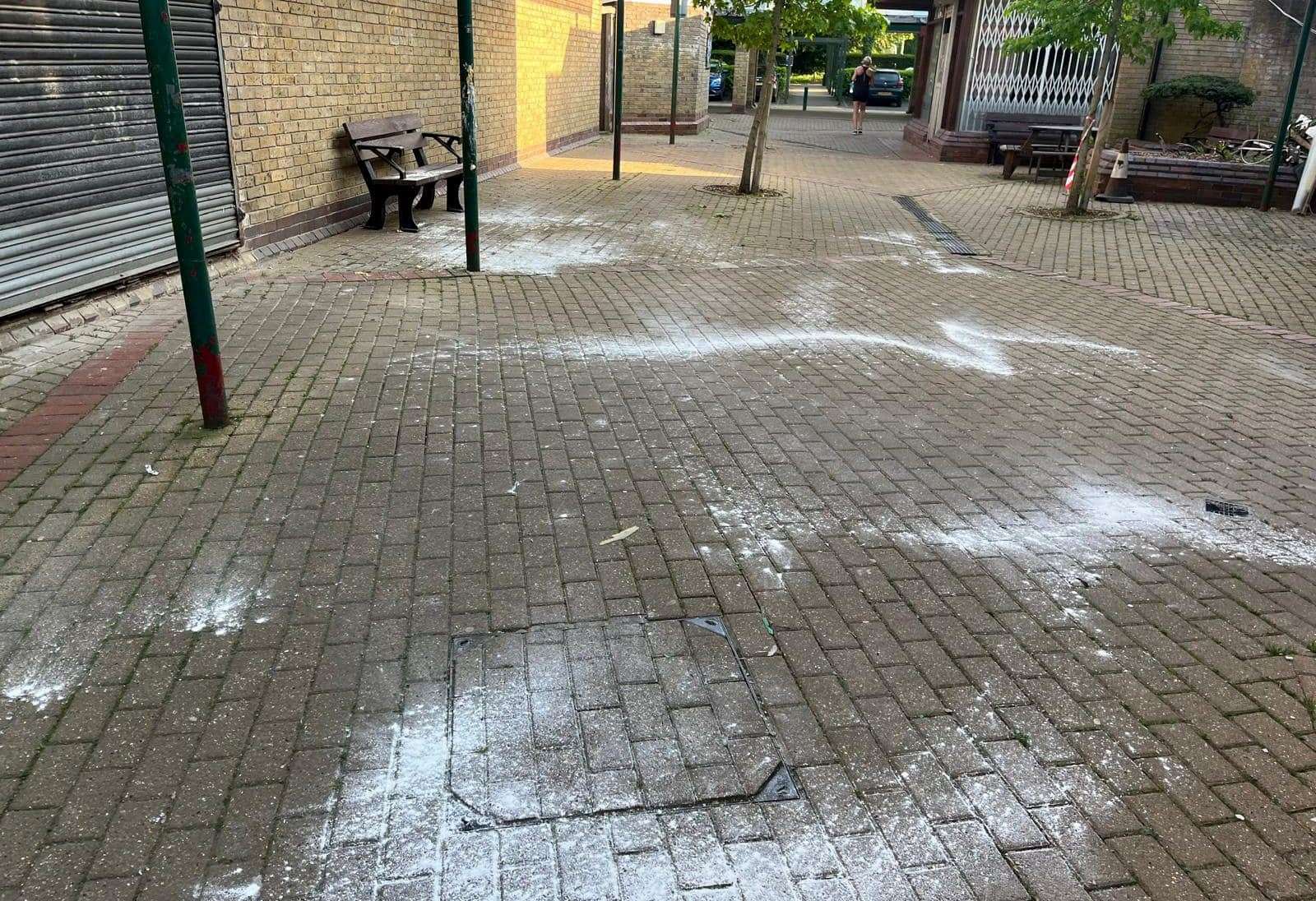 Flour strewn around New Ash Green Shopping Centre. Picture: Shani Manamperi