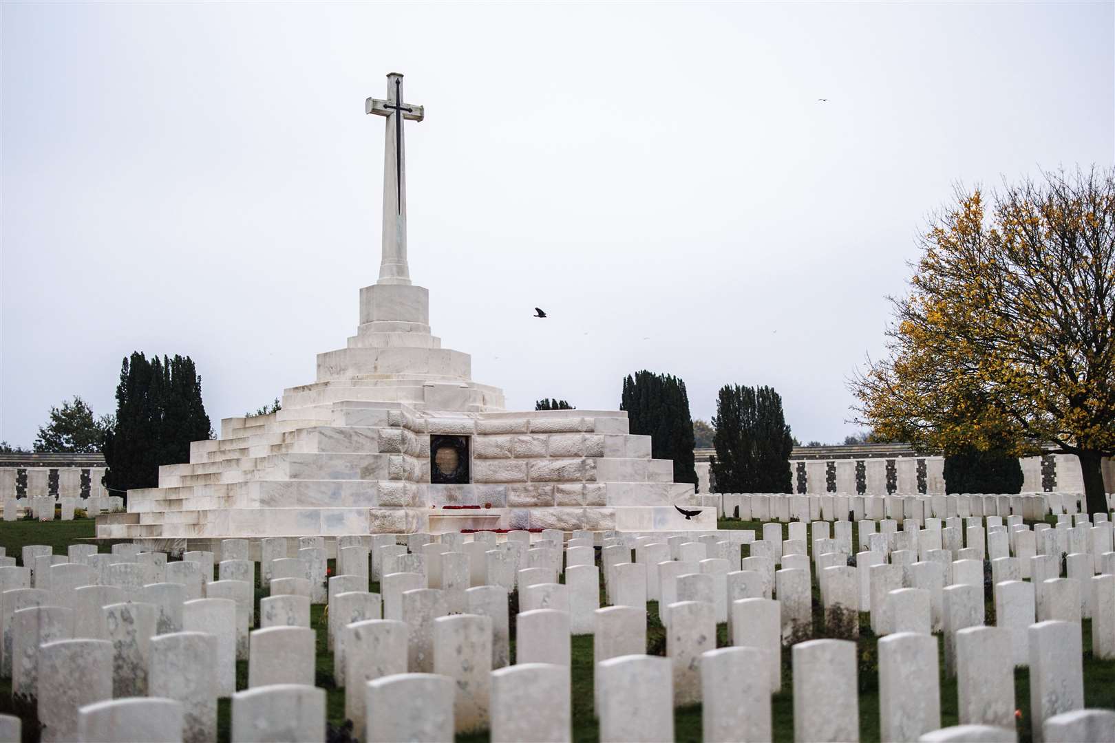 First World War graves are seen in early morning light at Tyne Cot cemetery in Zonnebeke, Belgium (Olivier Matthys/AP)