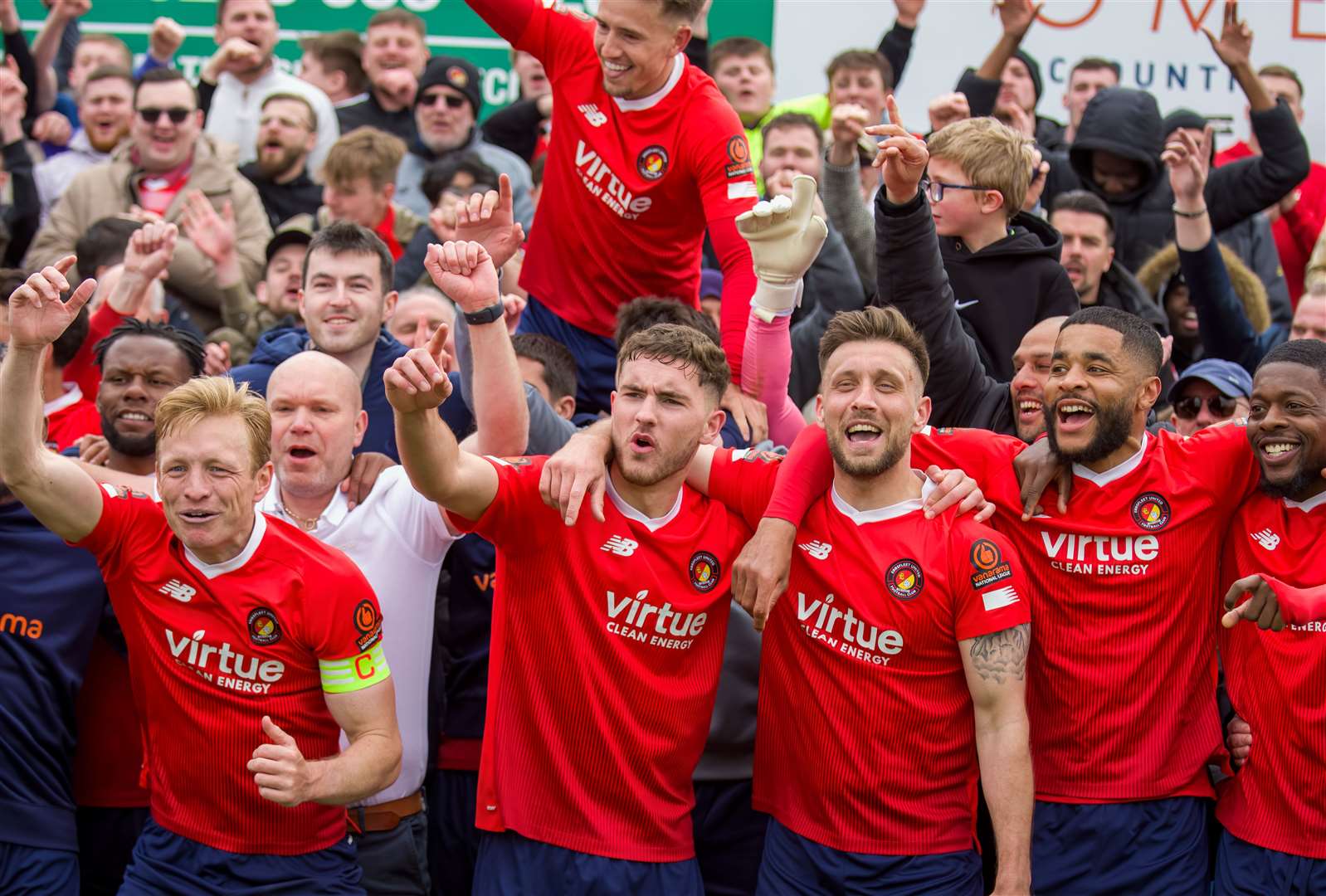 Ebbsfleet’s players celebrate their great escape from relegation at Boreham Wood. Picture: Ed Miller/EUFC