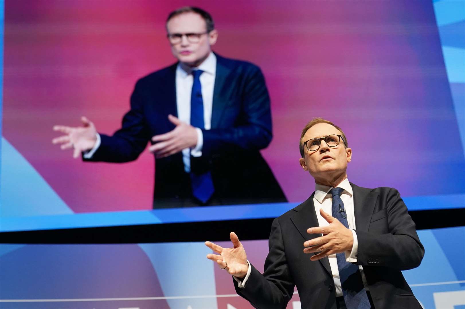 Leadership candidate Tom Tugendhat delivers a speech at the Conservative Party conference (Stefan Rousseau/PA)