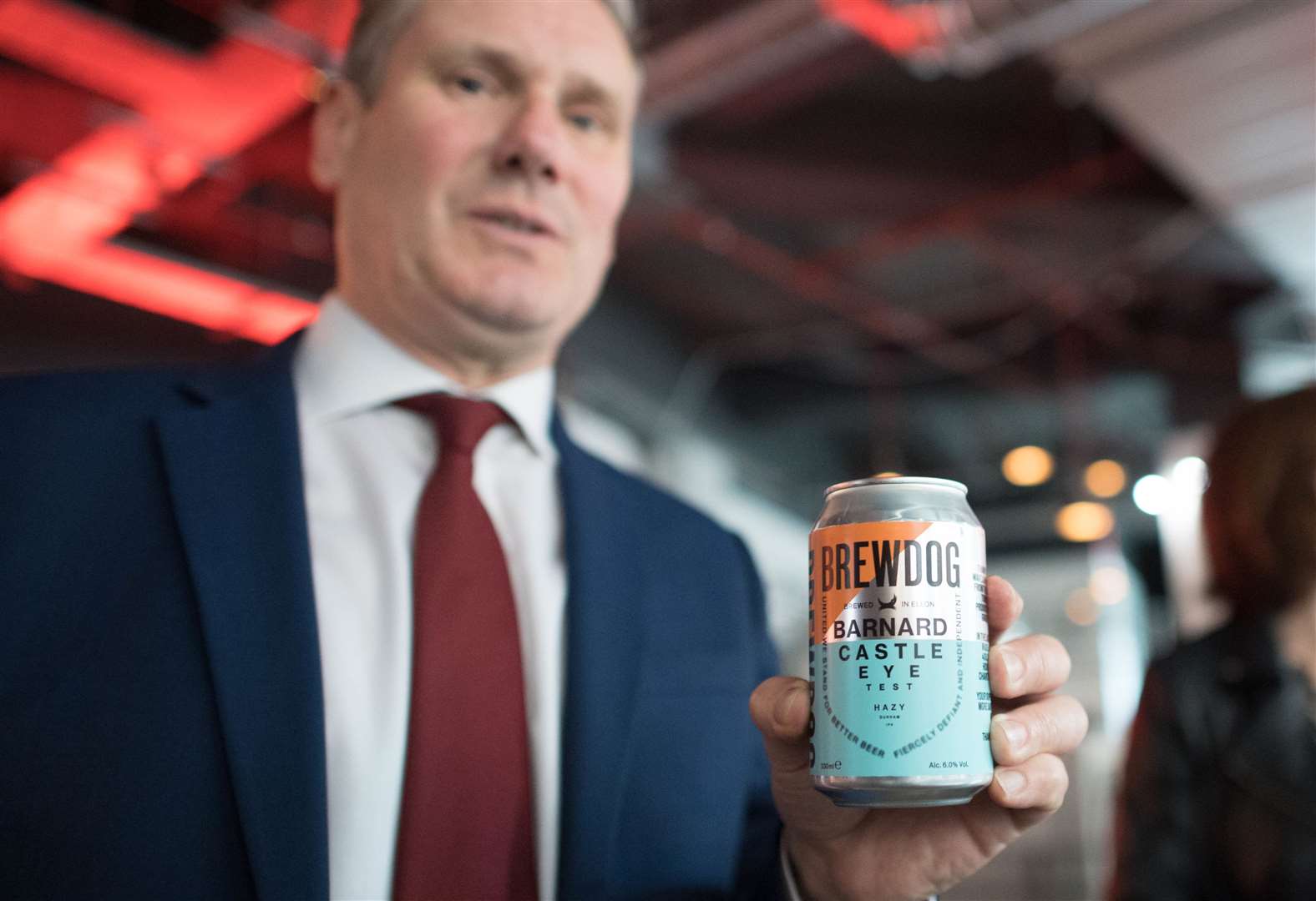 Labour leader Keir Starmer holding a can of Barnard Castle Eye Test beer (Stefan Rousseau/PA)