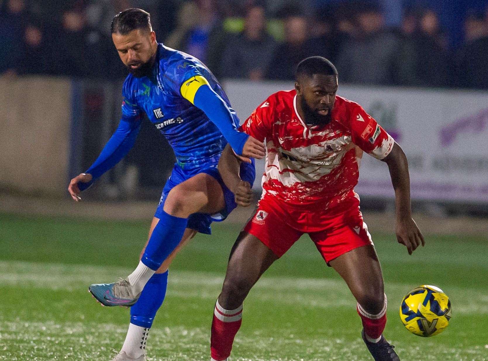 Player-assistant Ben Greenhalgh, left, failed to convert a weekend penalty in Margate’s FA Trophy defeat at Harrow. Picture: Ian Scammell