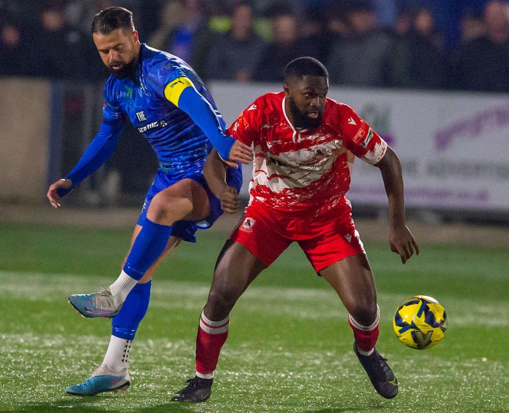 Ben Greenhalgh, now Margate’s player-boss, in action as Gate won a Thanet derby 3-1 in the Kent Senior Cup against Ramsgate on their way to winning the 2022/23 competition. Picture: Ian Scammell