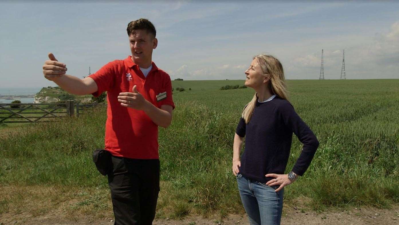 National Trust landscape engagement officer Chris Doolan with TV presenter Fiona Phillips, ambassador of the People's Postcode Lottery on a section of the White Cliffs of Dover bought by the trust with a lottery grant
