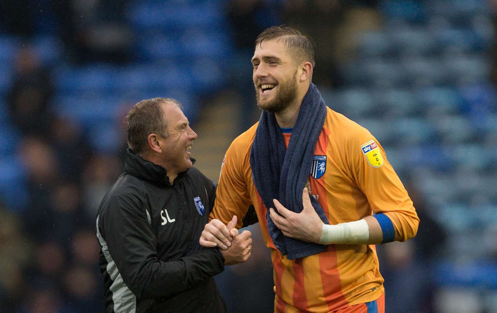 Manager Steve Lovell with Tomas Holy after the 2-0 victory over Portsmouth Picture: Ady Kerry