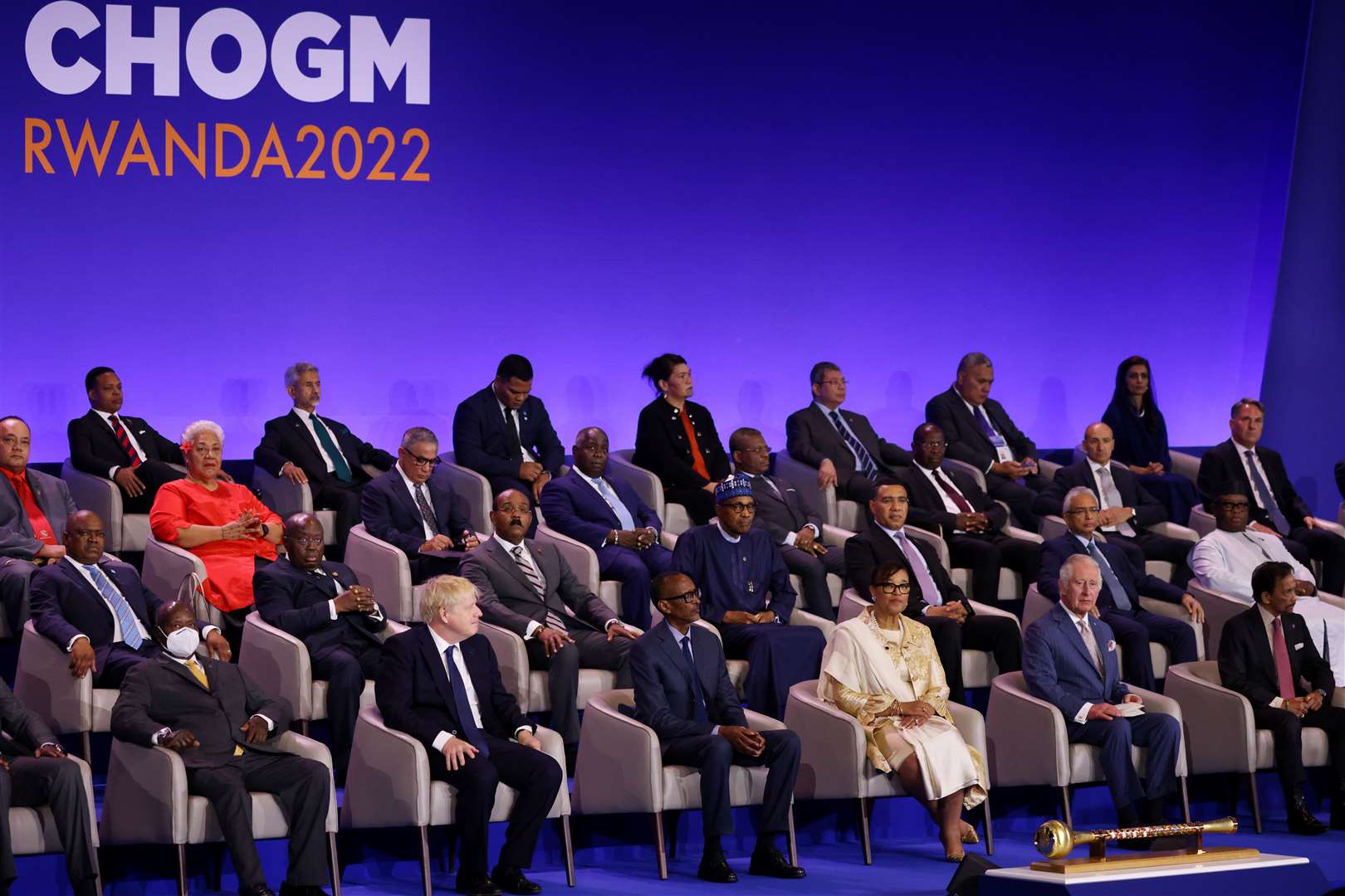 Prime Minister Boris Johnson, Rwandan president Paul Kagame, secretary-general of the Commonwealth of Nations Baroness Scotland and the Prince of Wales, and Brunei sultan Hassanal Bolkiah (Dan Kitwood/PA)