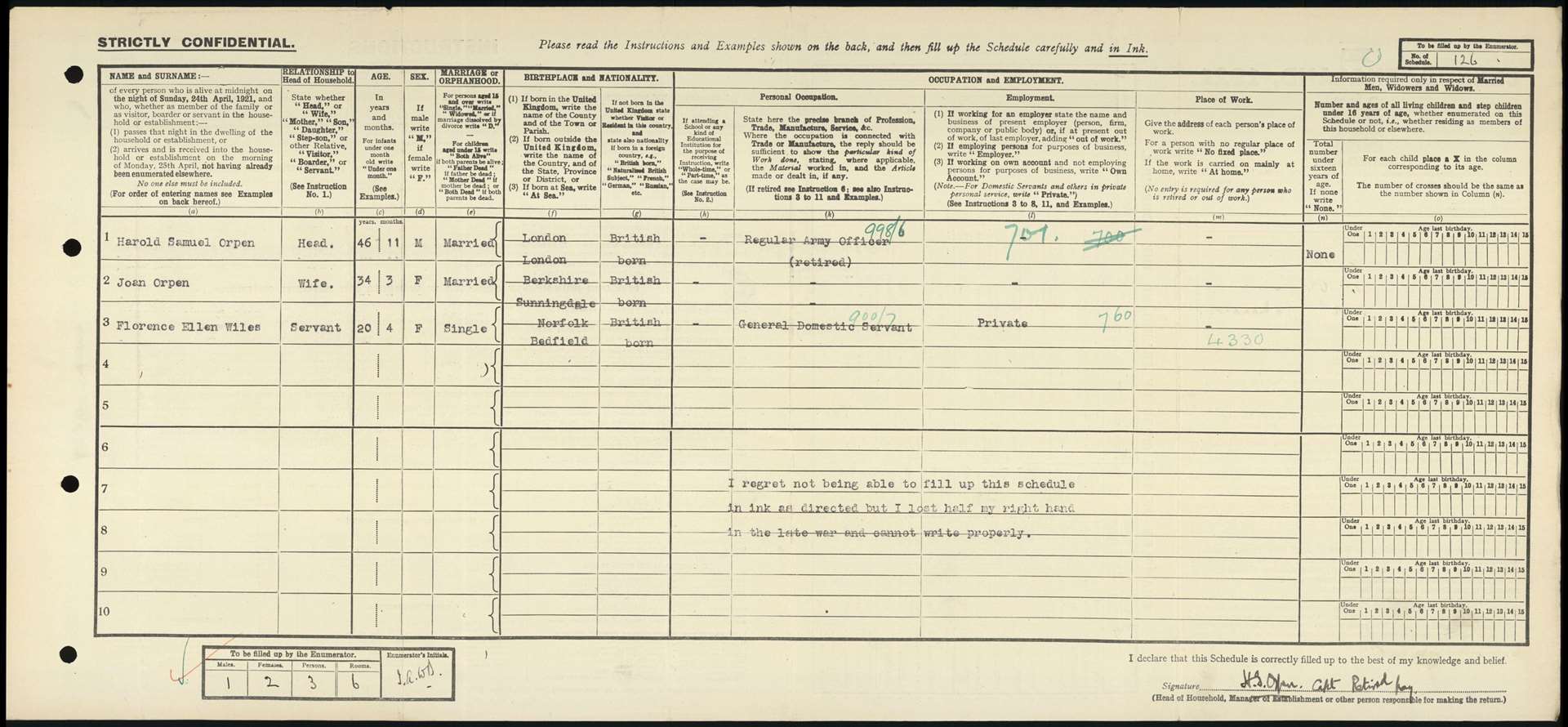 A 1921 census record shows Harold Orpen, a former captain of the King’s Regiment, had to type his responses due to injuries sustained in the First World War (National Archives/PA)