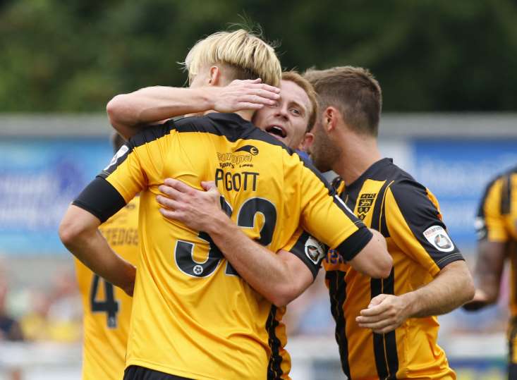 Maidstone celebrate Joe Pigott's free-kick Picture: Andy Jones