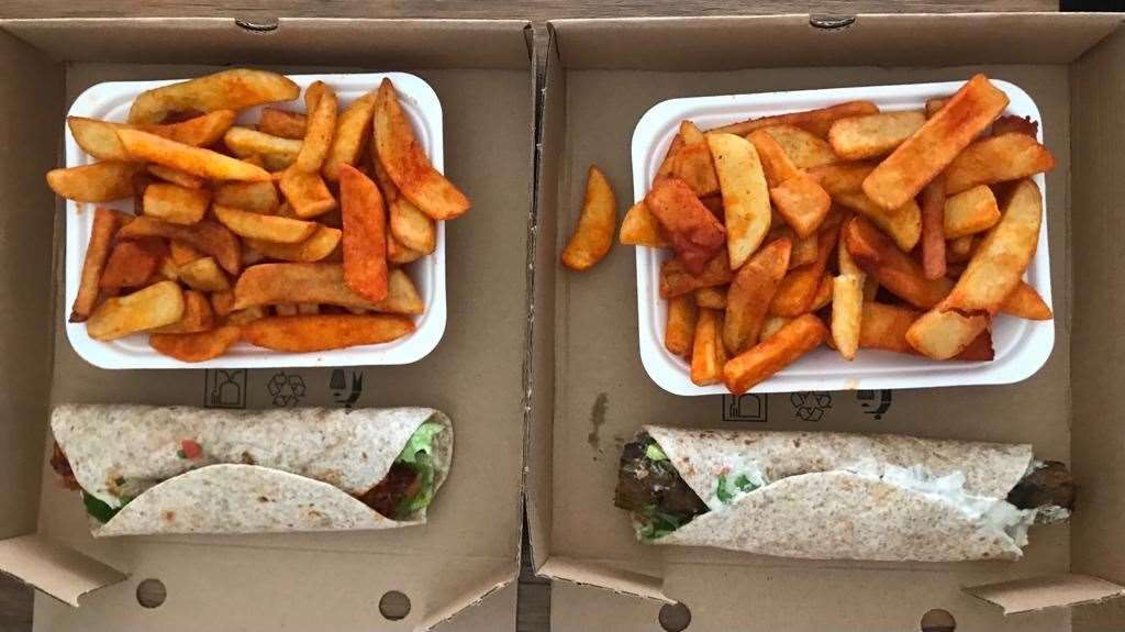 The chilli chicken and lamb seekh kebab wrap with masala coated chips from Desh