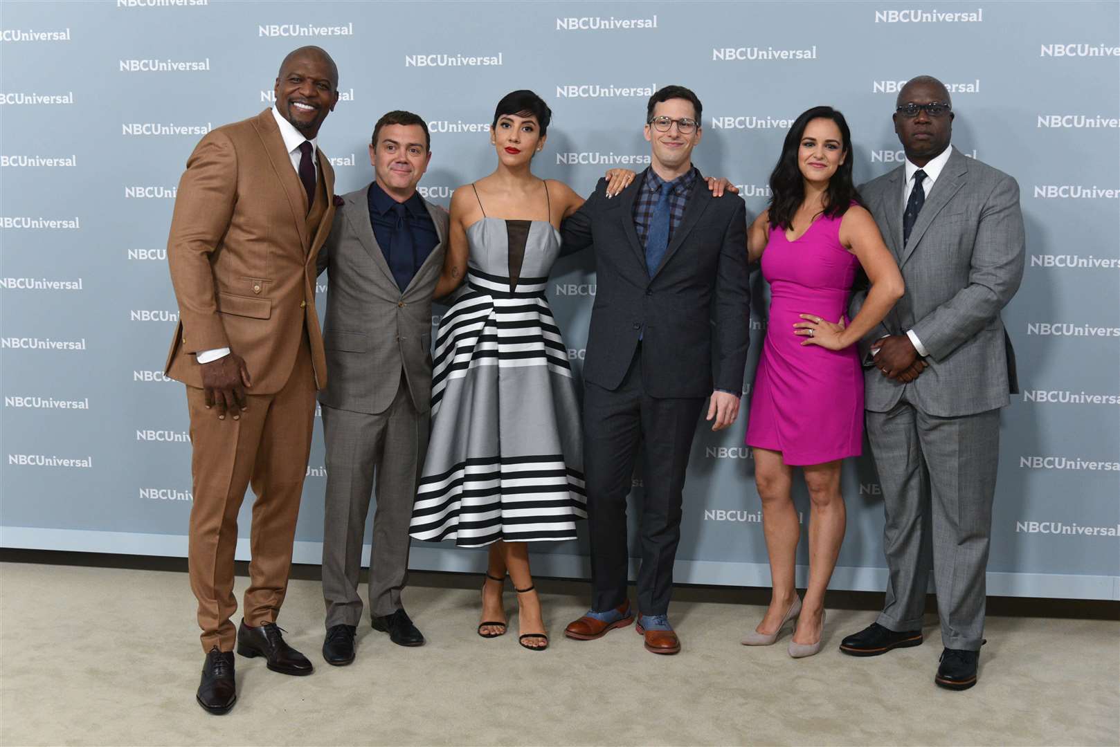 Terry Crews, Joe Lo Truglio, Stephanie Beatriz, Andy Samberg, Melissa Fumero and Andre Braugher of Brooklyn Nine-Nine (Erik Pendzich/Alamy/PA)