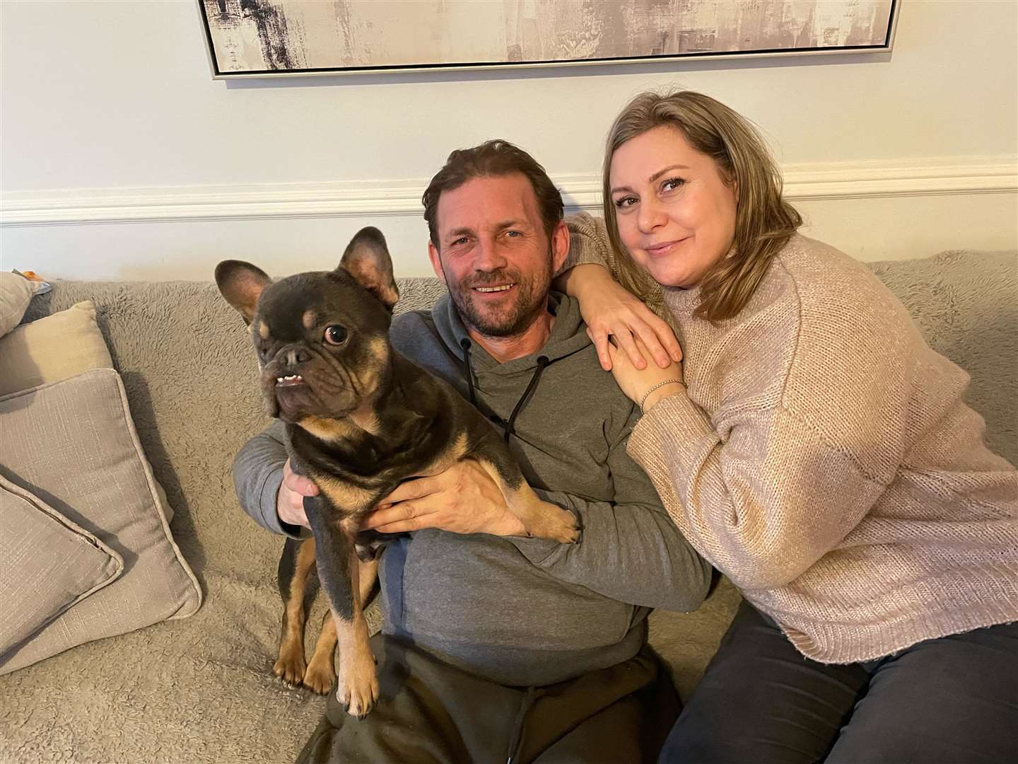 Owners Emma and Barry Stephens with French bulldog Milos who has been shortlisted for the ugliest dog in the UK