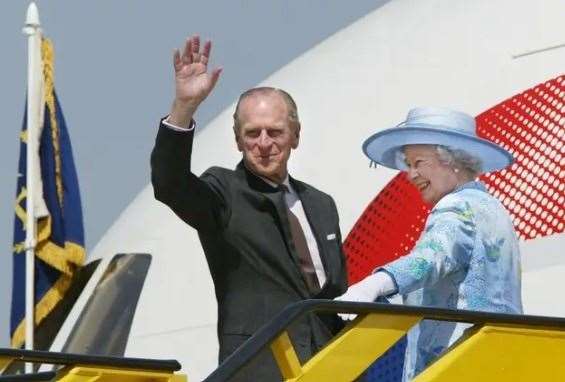 The Queen’s personal flag on her plane as the monarch and the Duke of Edinburgh leave Nigeria after a Commonwealth summit (PA)